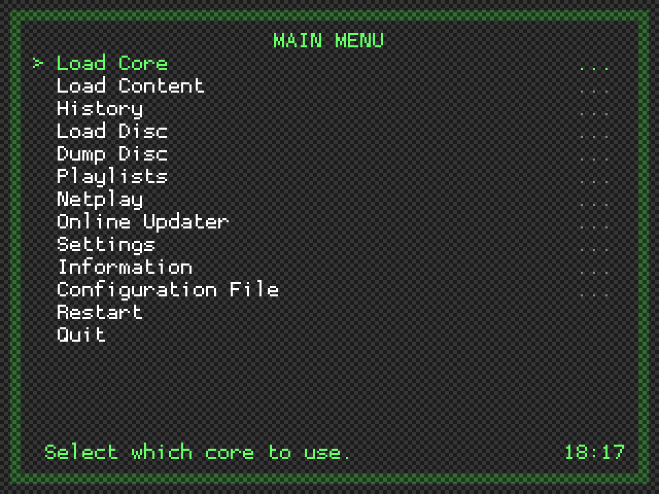 RGUI menu driver screenshot showing a green-on-black terminal-style menu