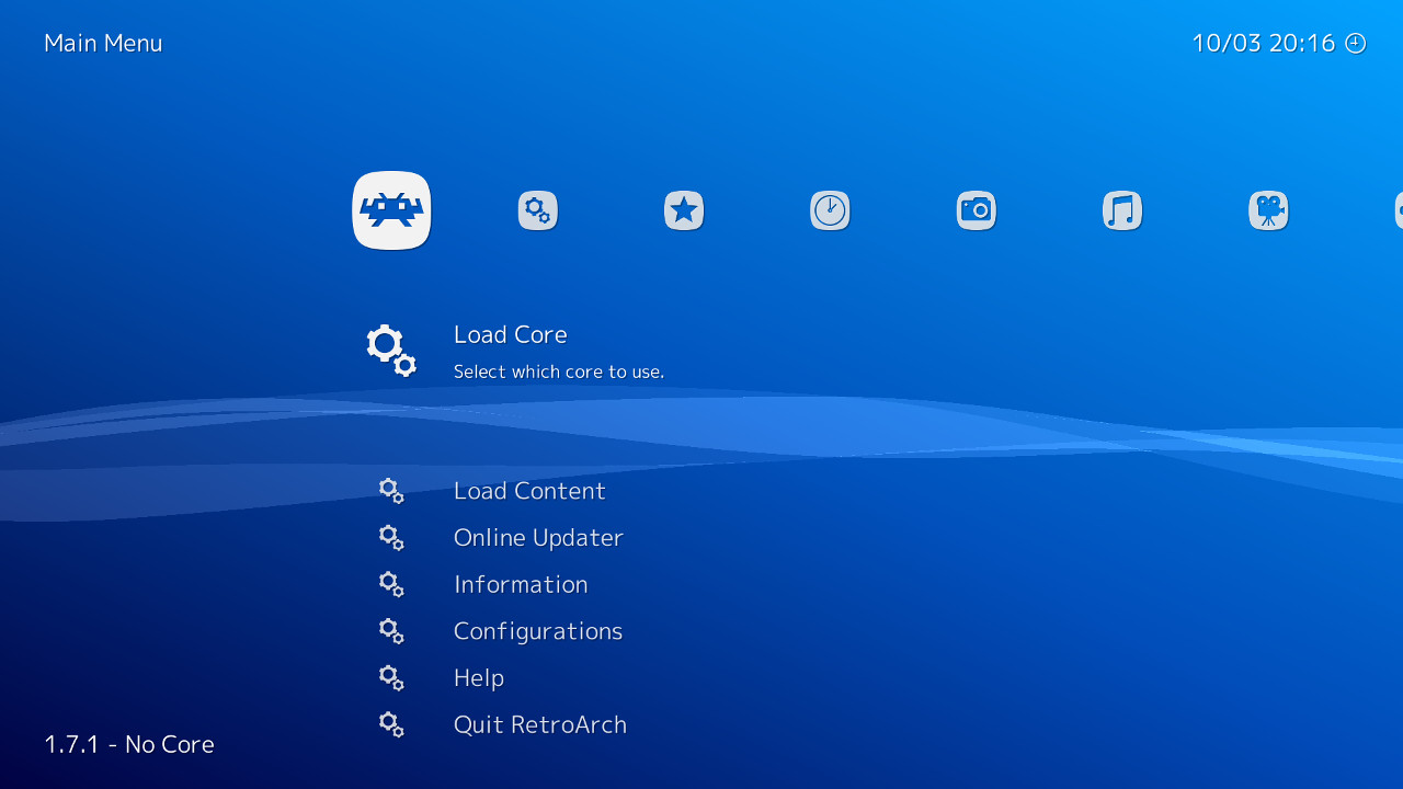 XMB menu driver screenshot showing a horizontal bar with system icons